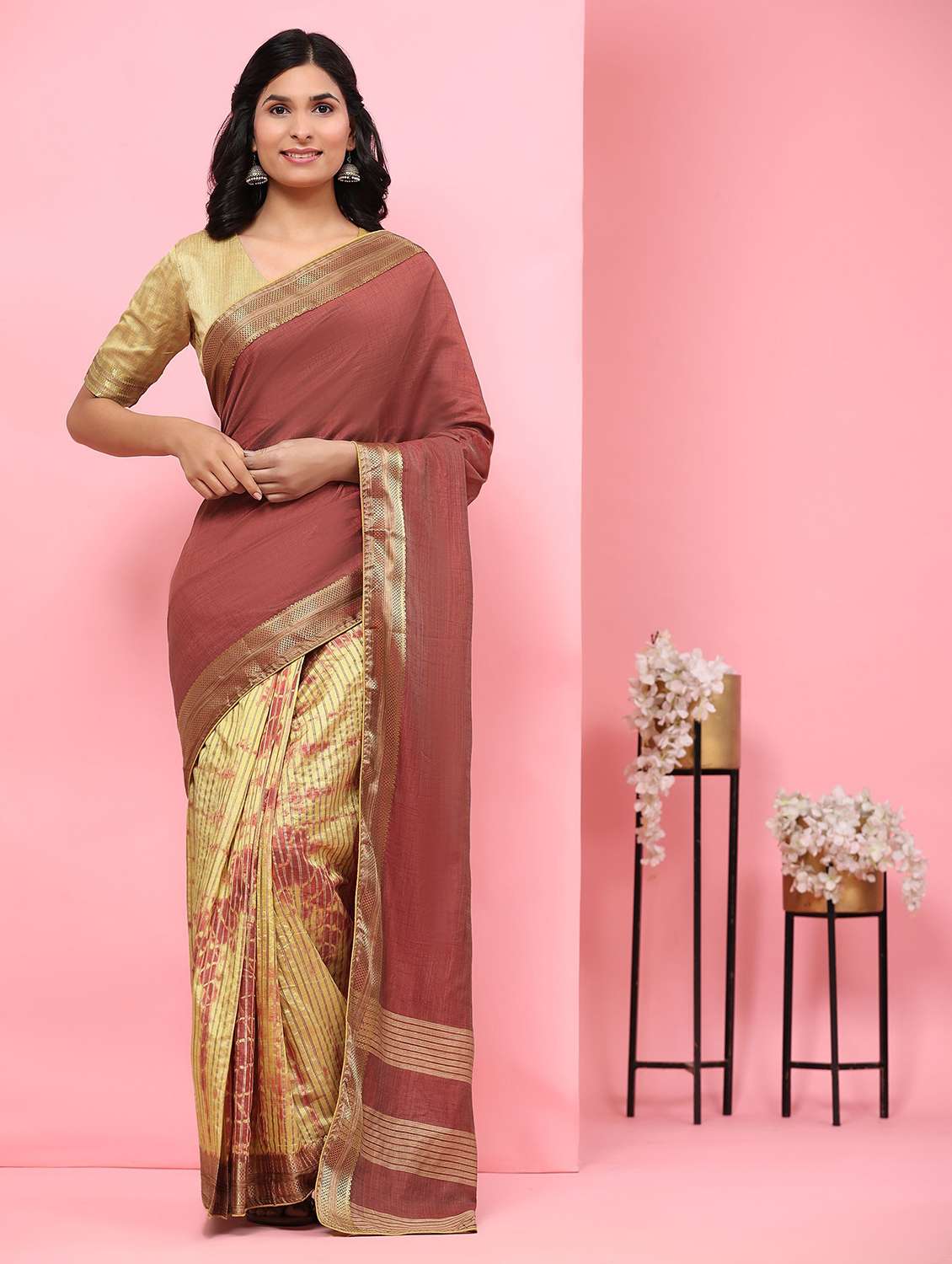 women printed half & half saree with blouse
