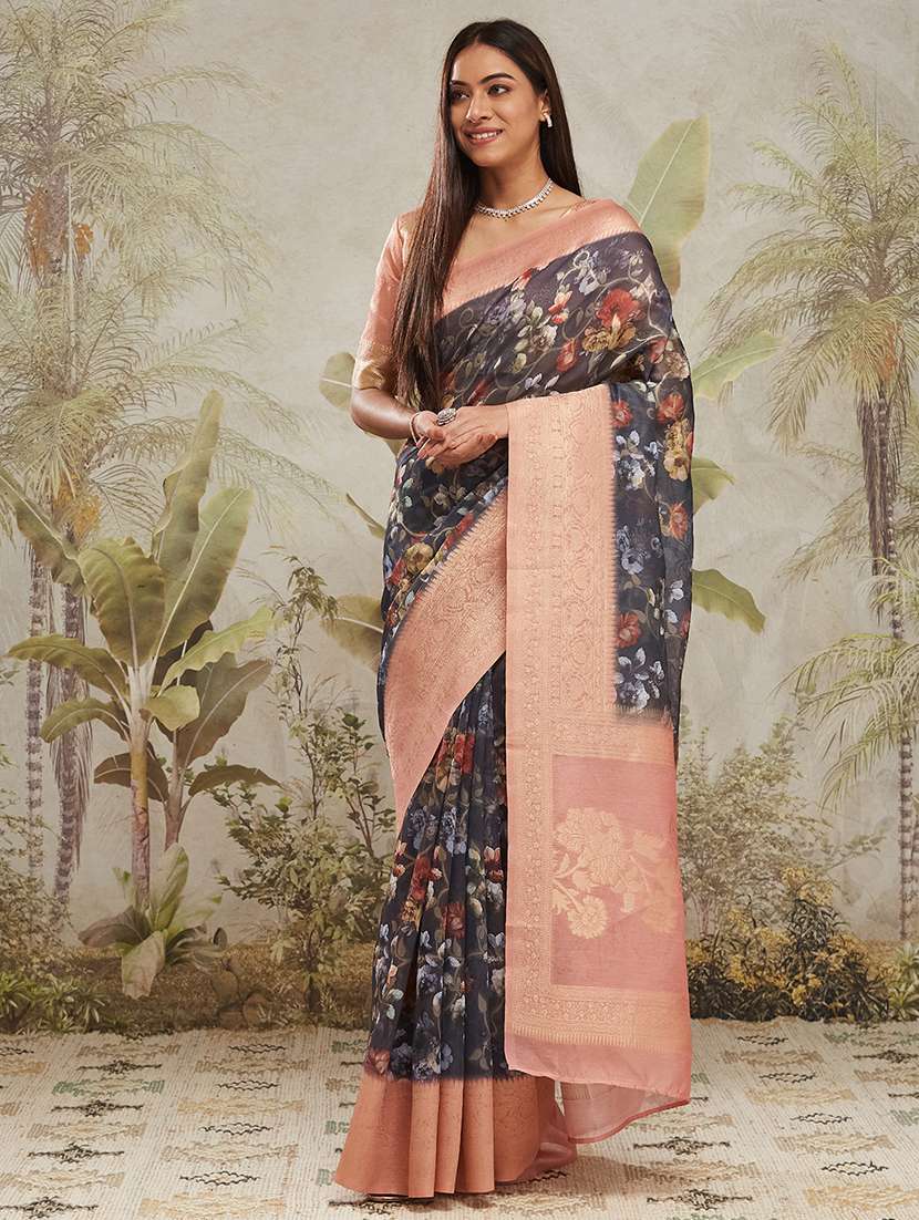 women floral printed bordered saree with blouse
