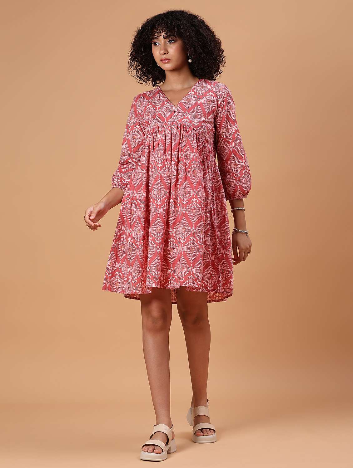 women printed puff sleeve flared ethnic dress