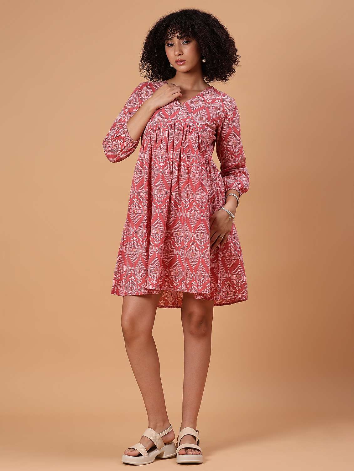 women printed puff sleeve flared ethnic dress - 21912450 - Standard Image - 1
