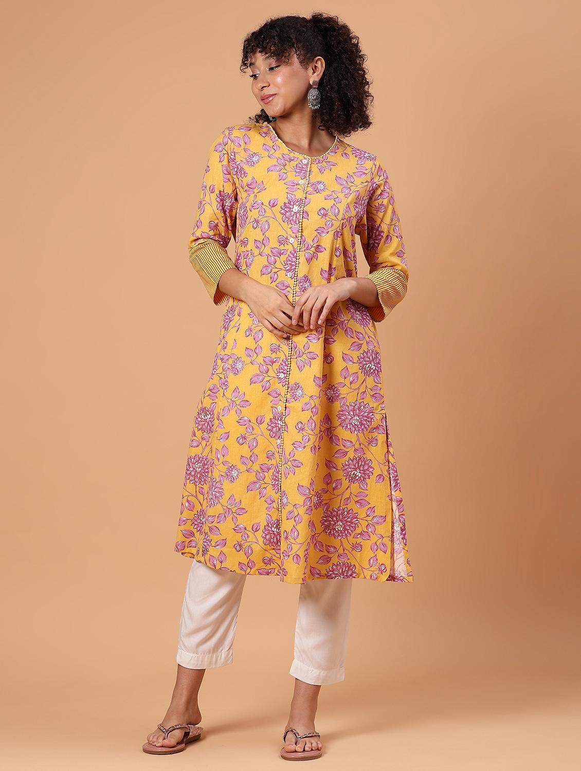 yellow cotton flex kurta - 21912451 - Standard Image - 1
