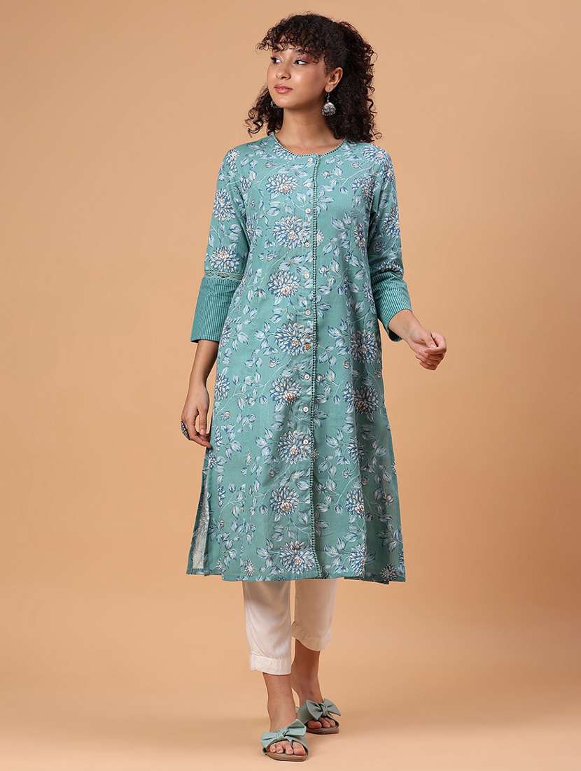 women floral printed three quarter sleeve a-line kurta - 21912483 -  Standard Image - 1