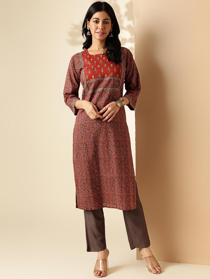 women printed three quarter sleeve straight kurta - 21913202 - Standard Image - 1