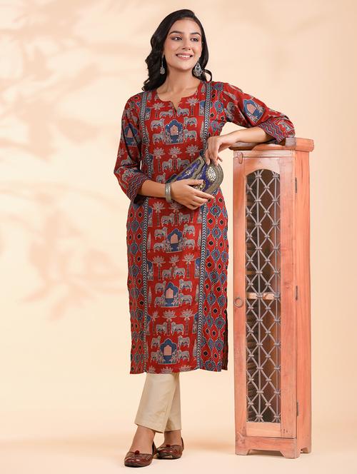 women three quarter sleeve straight kurta - 21913216 -  Standard Image - 0