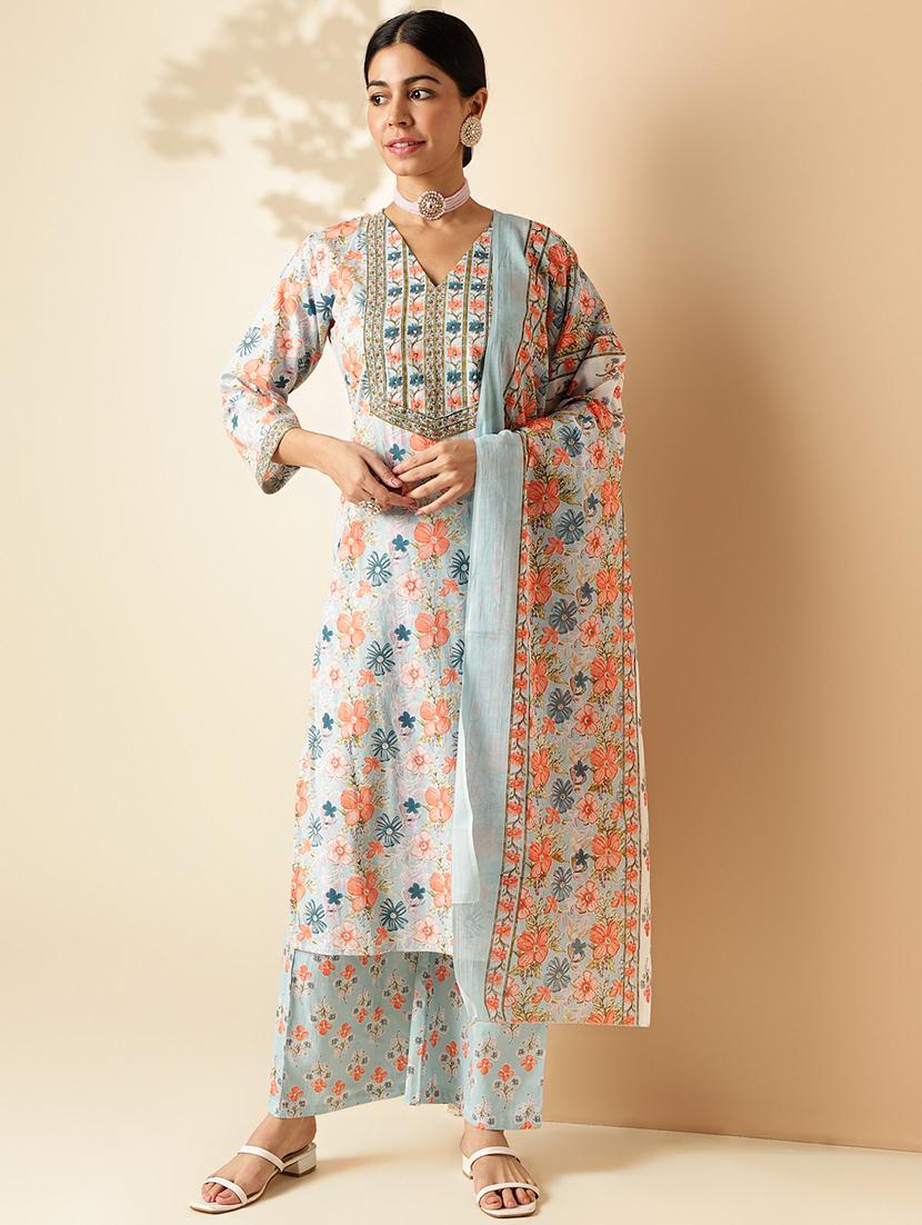 women three quarter sleeve kurta palazzo with dupatta set - 21913220 - Standard Image - 1