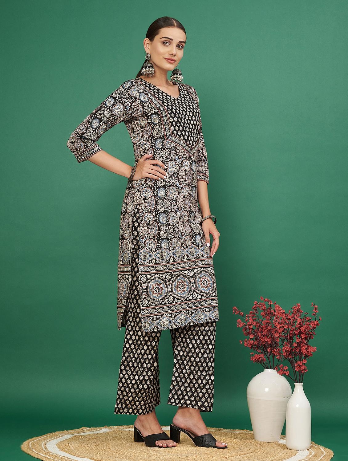 women three quarter sleeve kurta palazzo with dupatta set - 21913232 - Standard Image - 1
