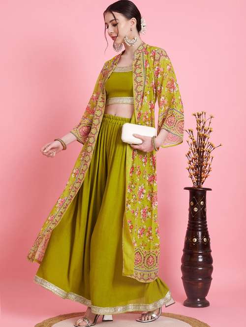 women green floral printed top palazzo with shrug fusion set