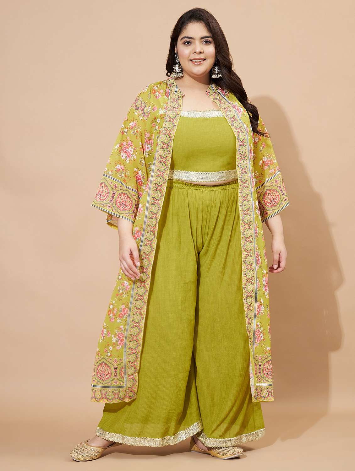 women plus size green floral printed top palazzo with shrug fusion set