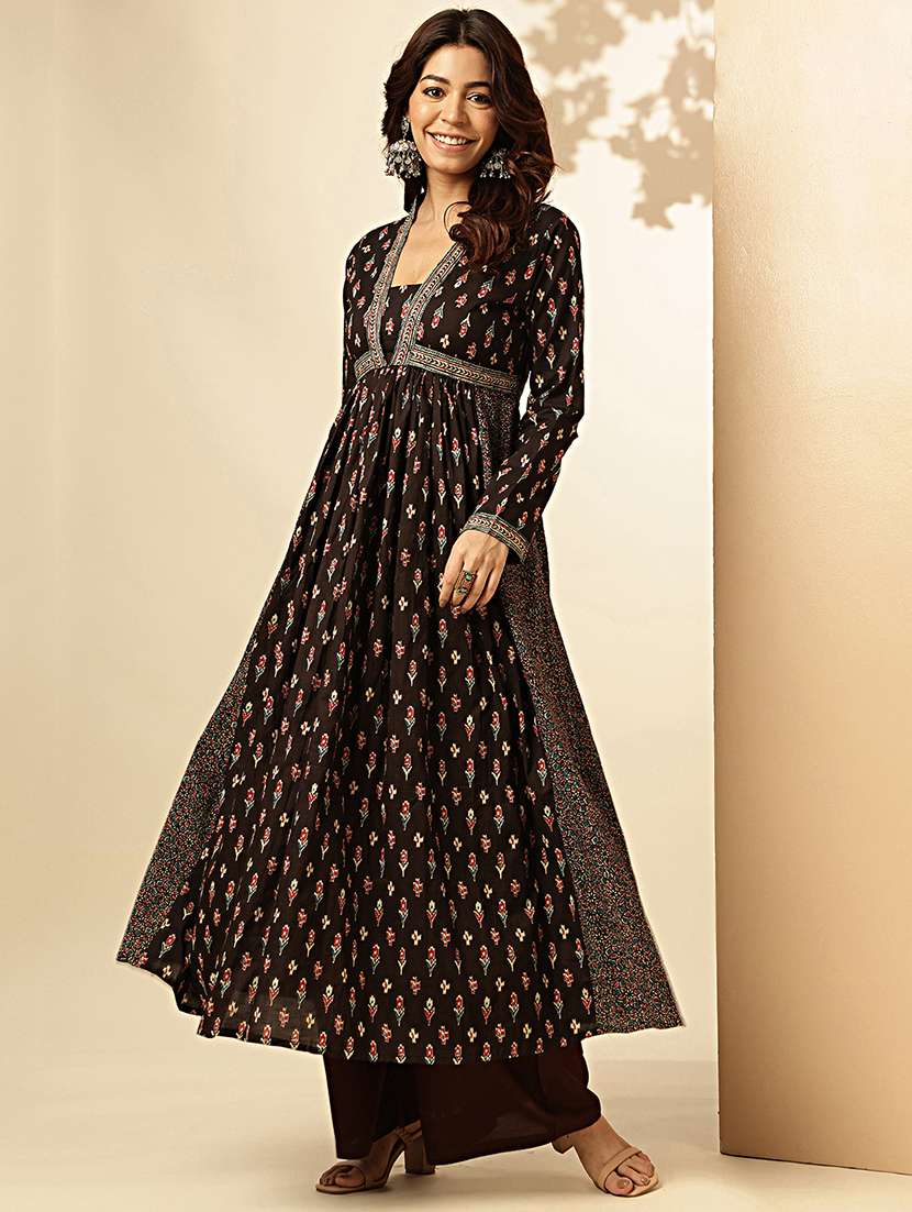 women printed long sleeve flared ethnic dress