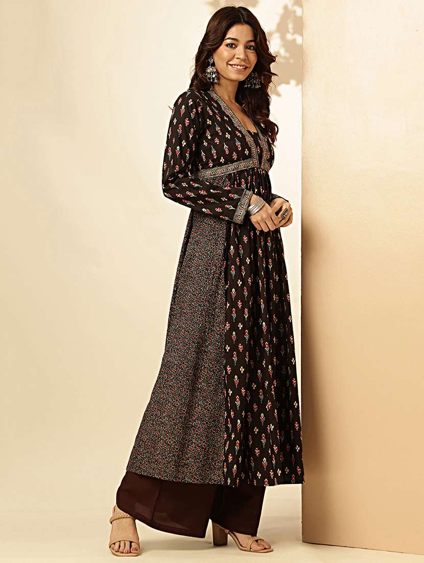 Women Printed Long Sleeve Flared Ethnic Dress