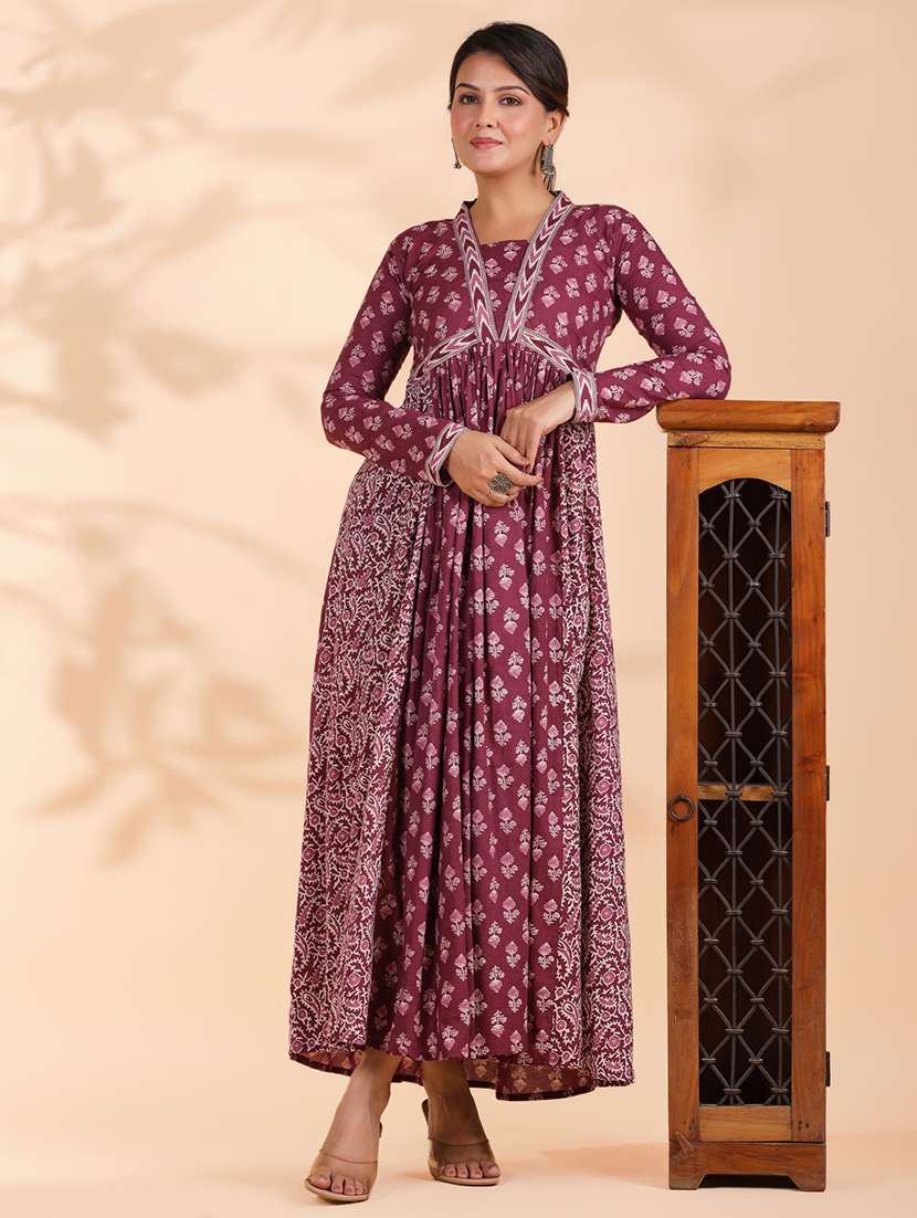 women printed long sleeve flared ethnic dress