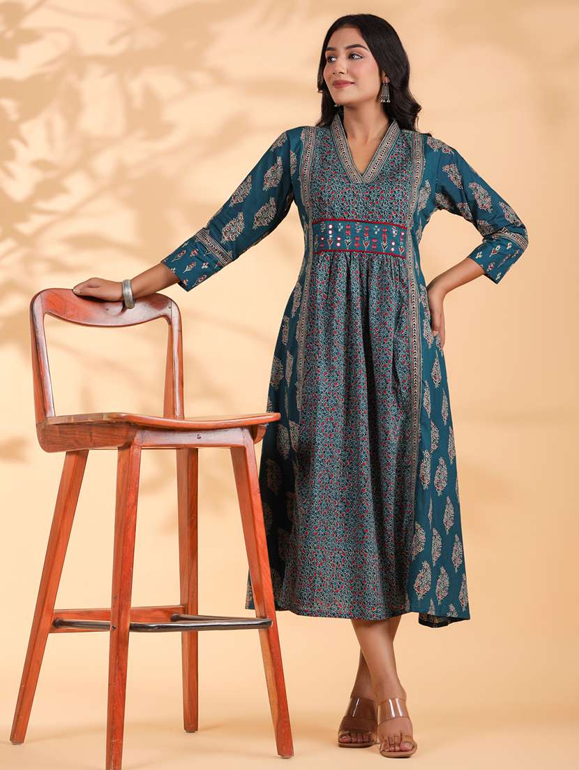 women printed three quarter sleeve a-line ethnic dress