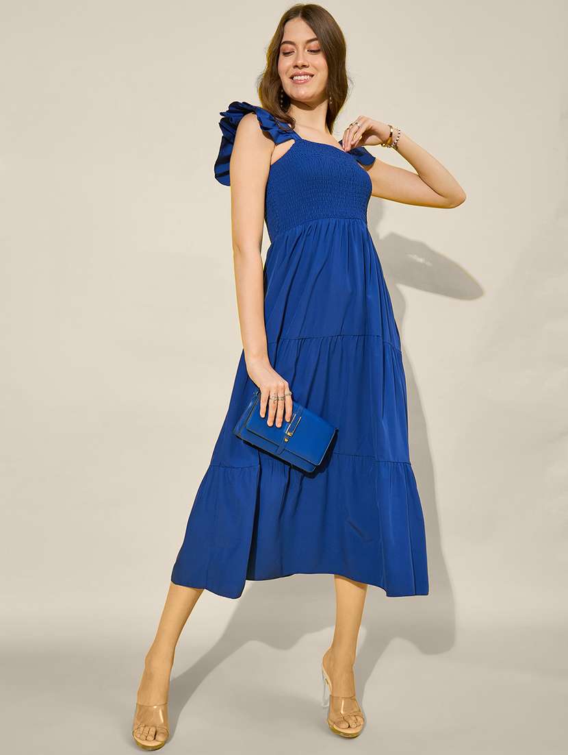 Women Blue Solid Sleeveless Tiered Dress