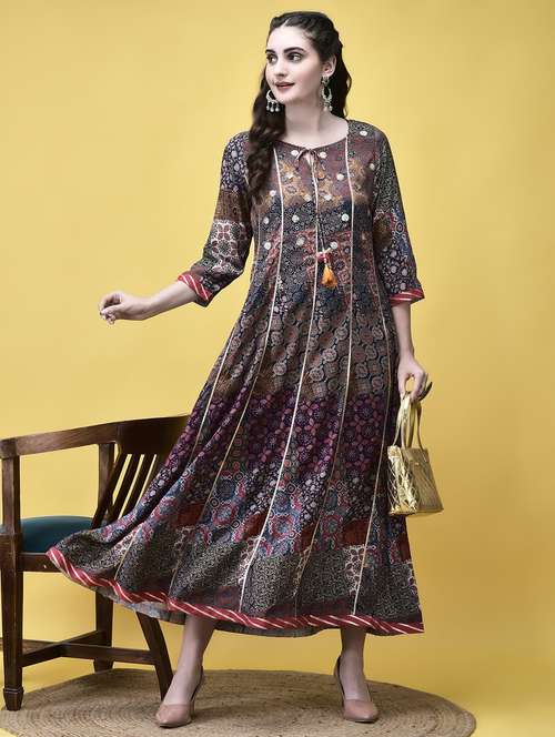 women printed three quarter sleeve ethnic dress - 21913450 -  Standard Image - 0