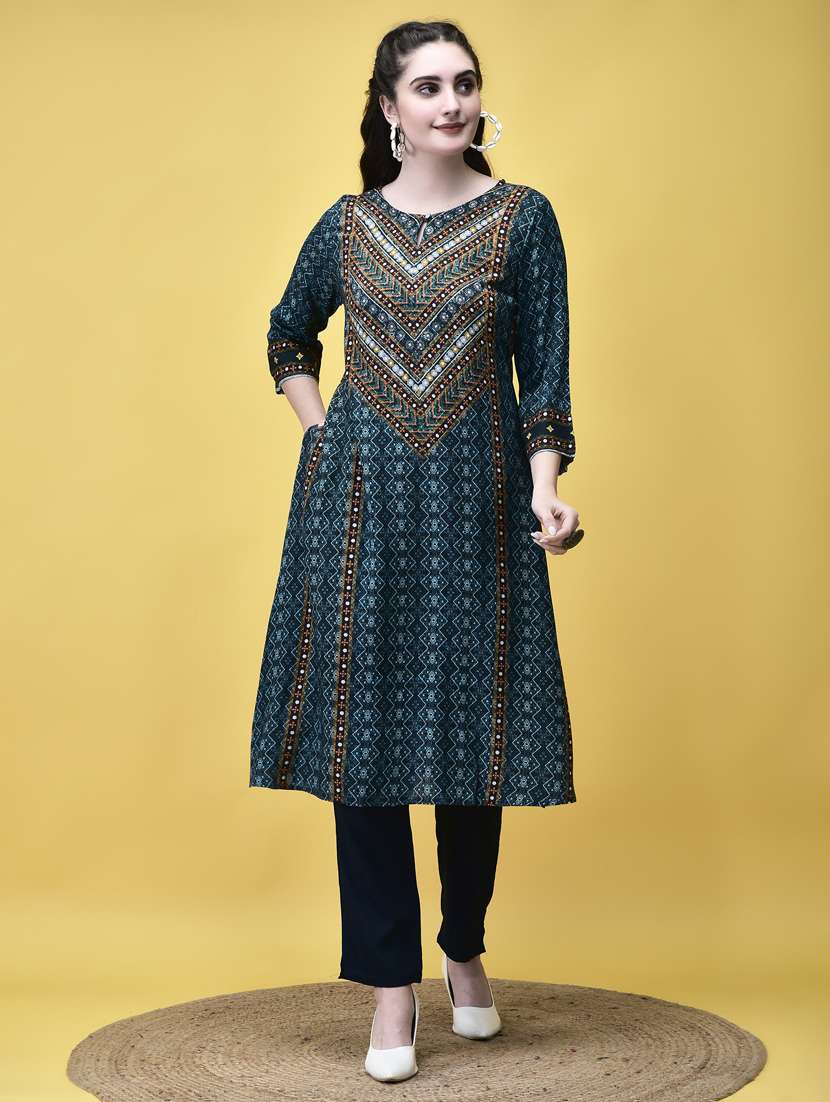 women teal printed key hole a-line kurta