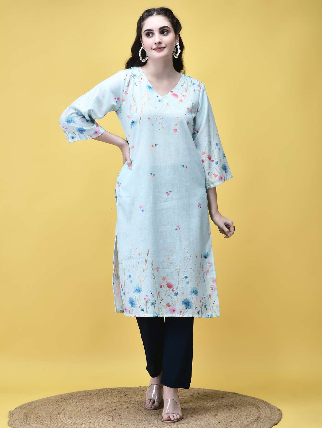 women floral three quarter sleeve straight kurta - 21913555 -  Standard Image - 1