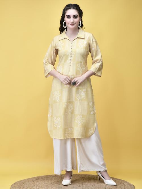 women yellow three quater sleeve straight kurta - 21913556 - Standard Image - 0