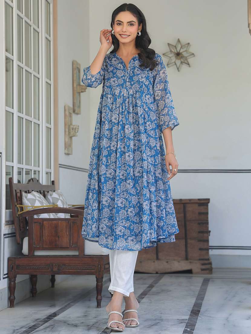 women blue floral printed three quarter sleeve flared kurta - 21913579 -  Standard Image - 1