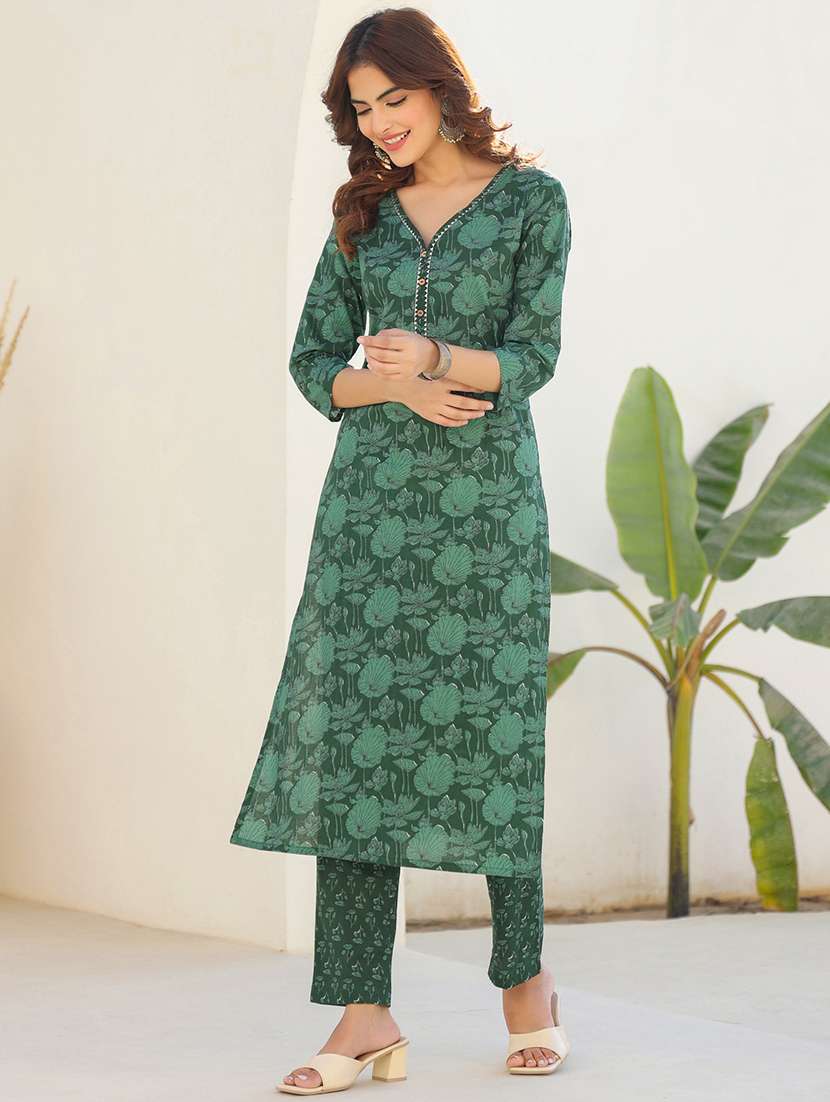 women green three quarter sleeve kurta pant set - 21913584 -  Standard Image - 1