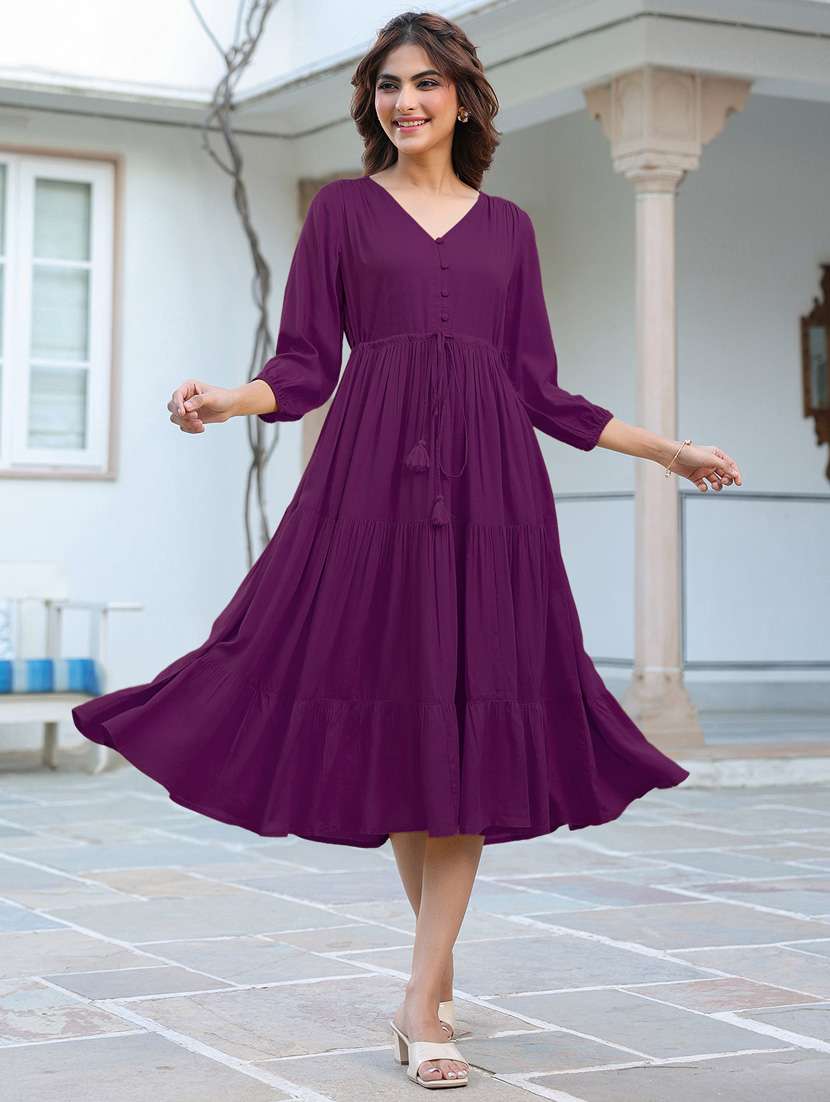 women solid puff sleeves tiered dress 