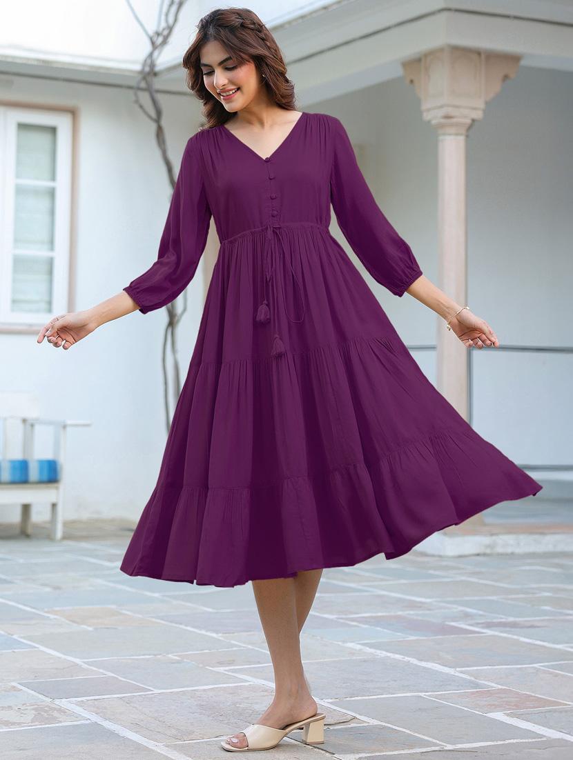 women solid puff sleeves tiered dress - 21913585 - Standard Image - 1