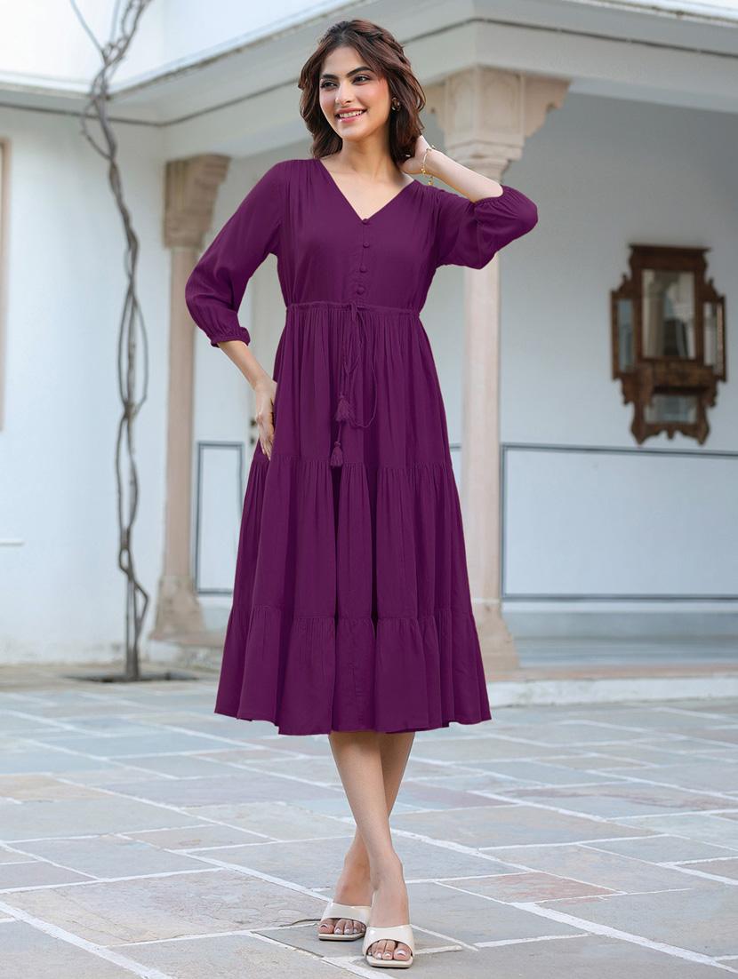 women solid puff sleeves tiered dress - 21913585 - Standard Image - 4