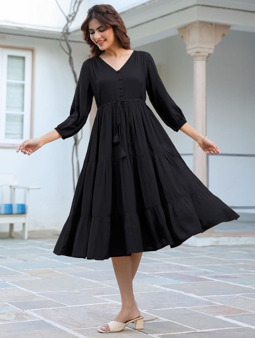 women solid puff sleeves tiered dress  - 21913586 -  Standard Image - 1