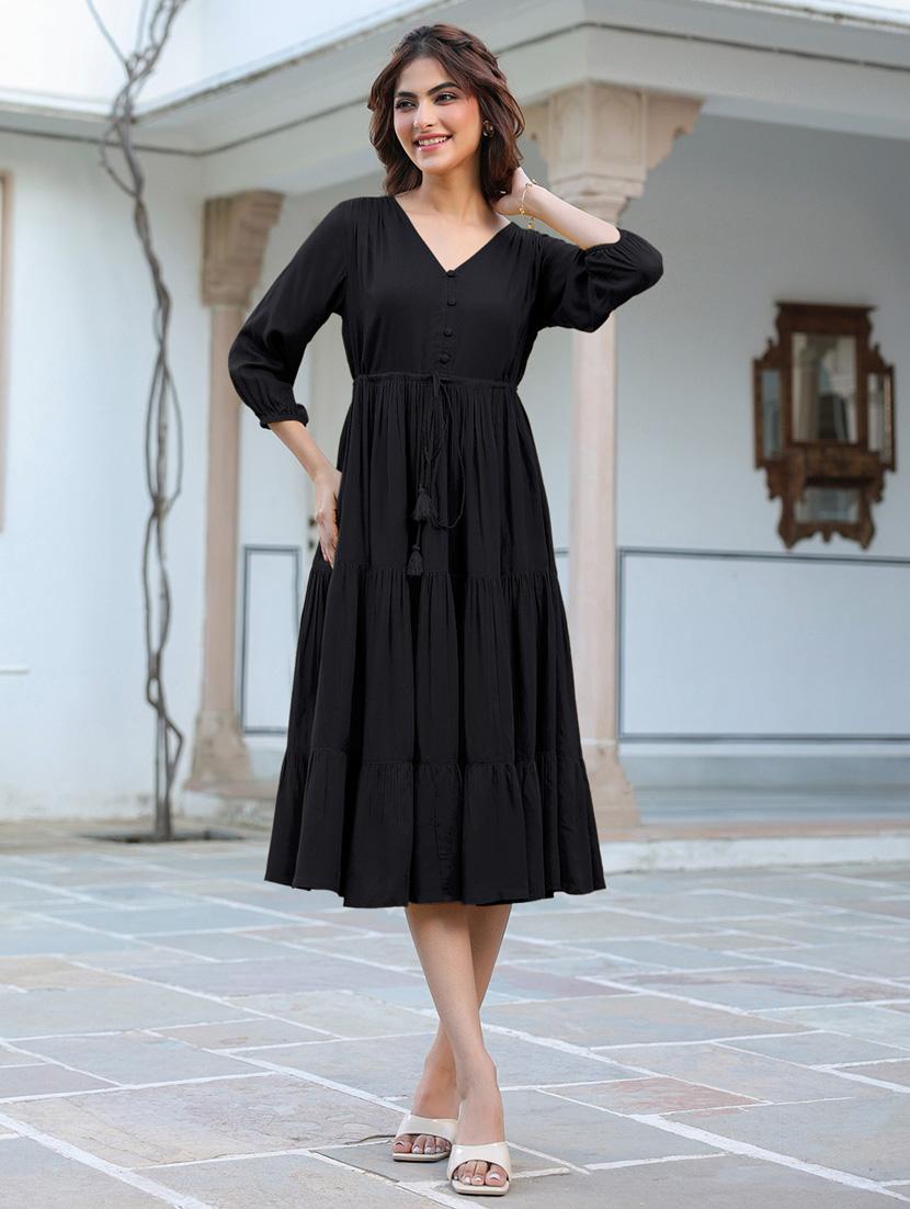women solid puff sleeves tiered dress - 21913586 - Standard Image - 4