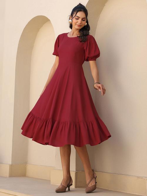 women solid puff sleeves tiered dress - 21913587 - Standard Image - 0