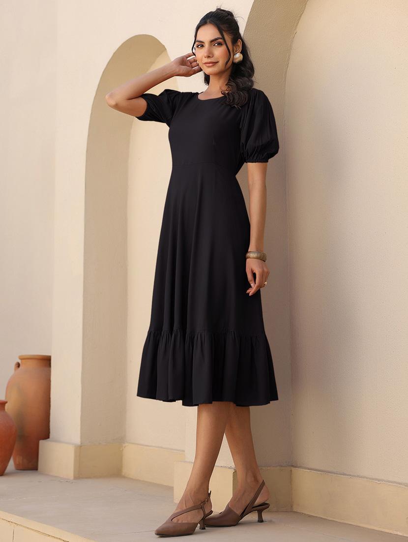 women solid puff sleeves tiered dress - 21913588 - Standard Image - 1