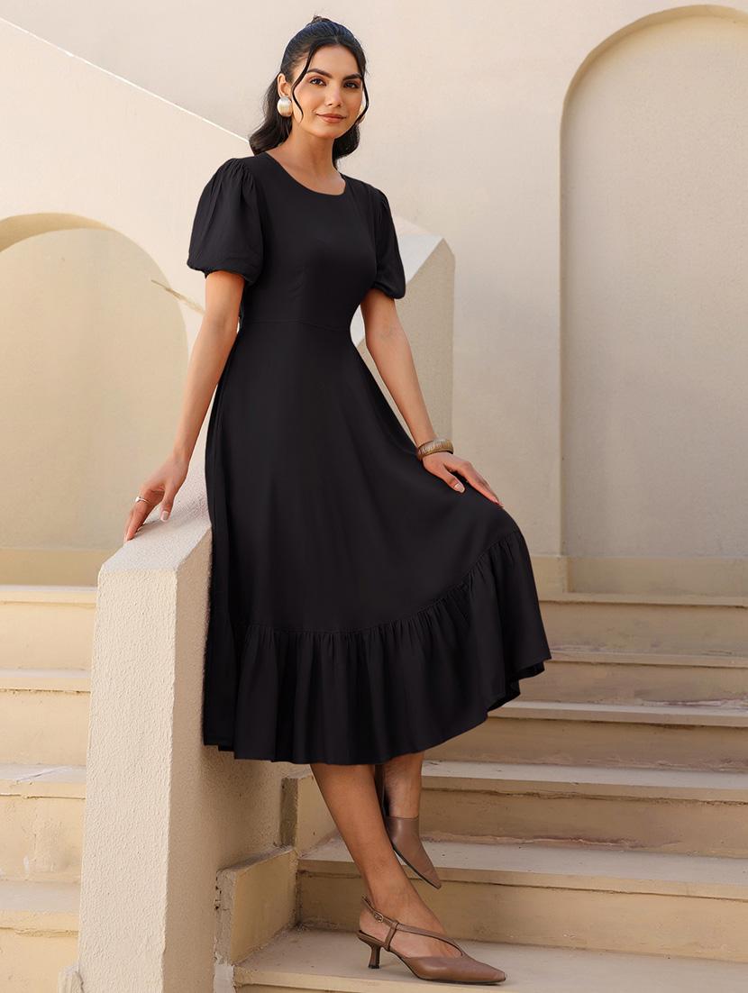 women solid puff sleeves tiered dress - 21913588 - Standard Image - 4