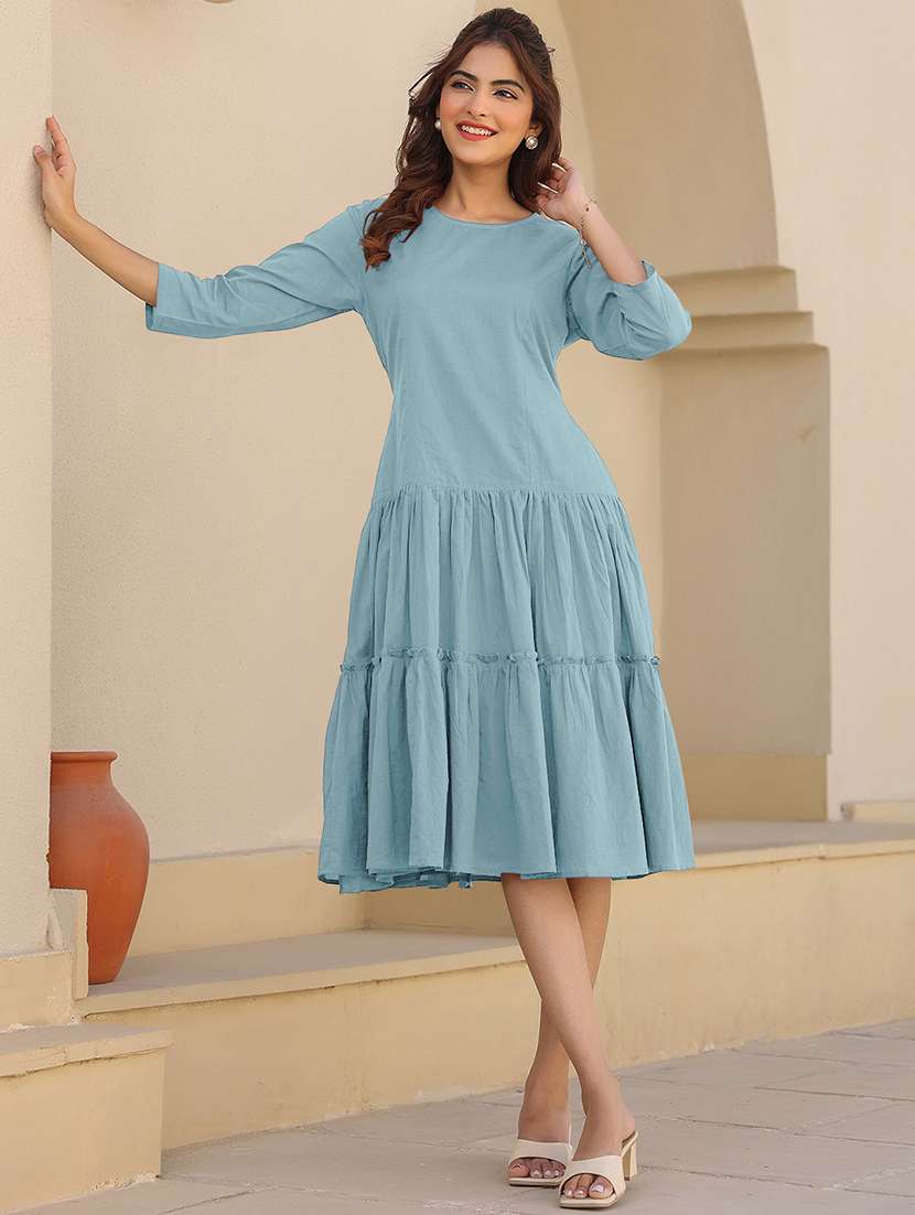 women solid round neck tiered dress - 21913591 -  Standard Image - 1