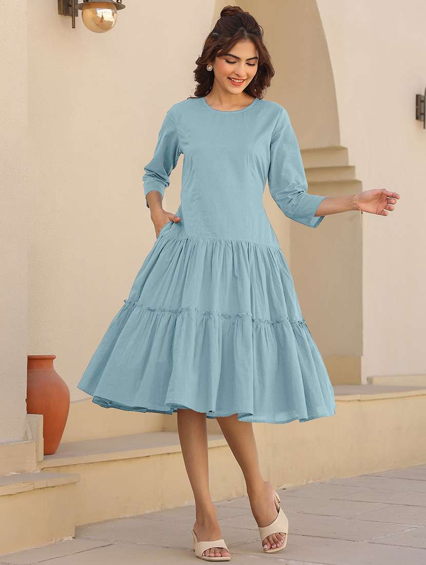 women solid round neck tiered dress - 21913591 -  Standard Image - 4