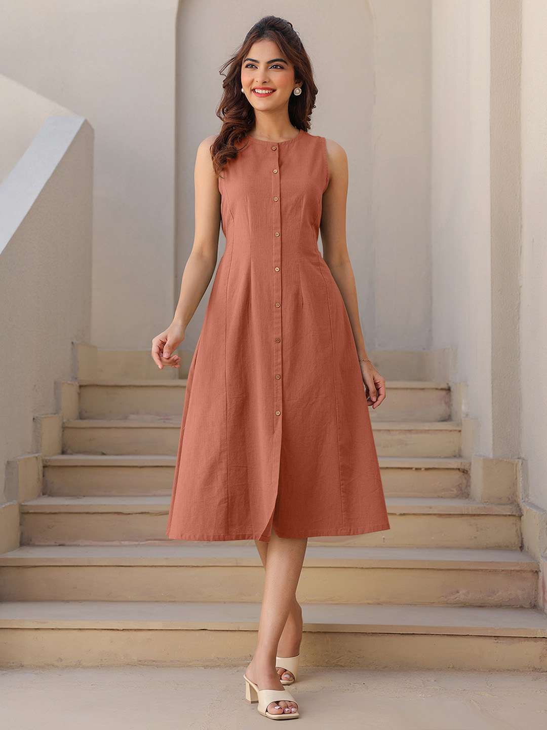 women solid sleeveless a-line dress
