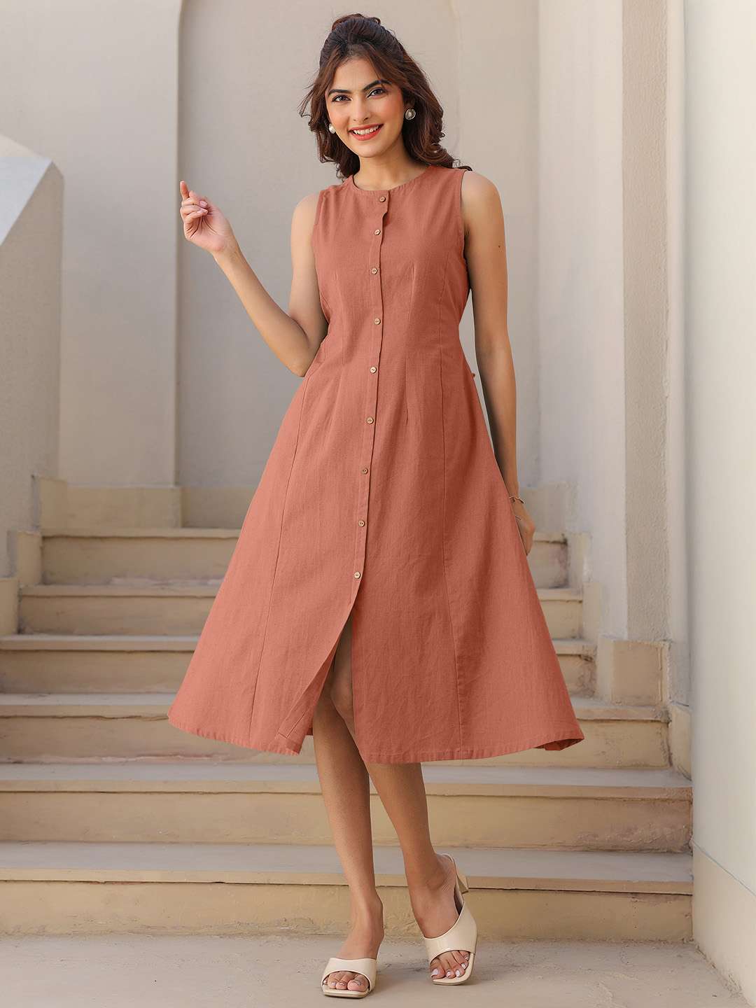 women solid sleeveless a-line dress - 21913593 - Standard Image - 1
