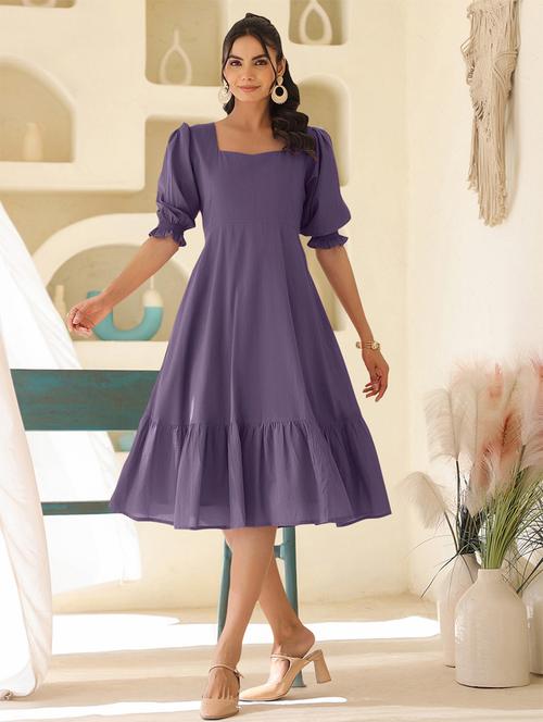 women solid puff sleeves tiered dress - 21913596 - Standard Image - 0