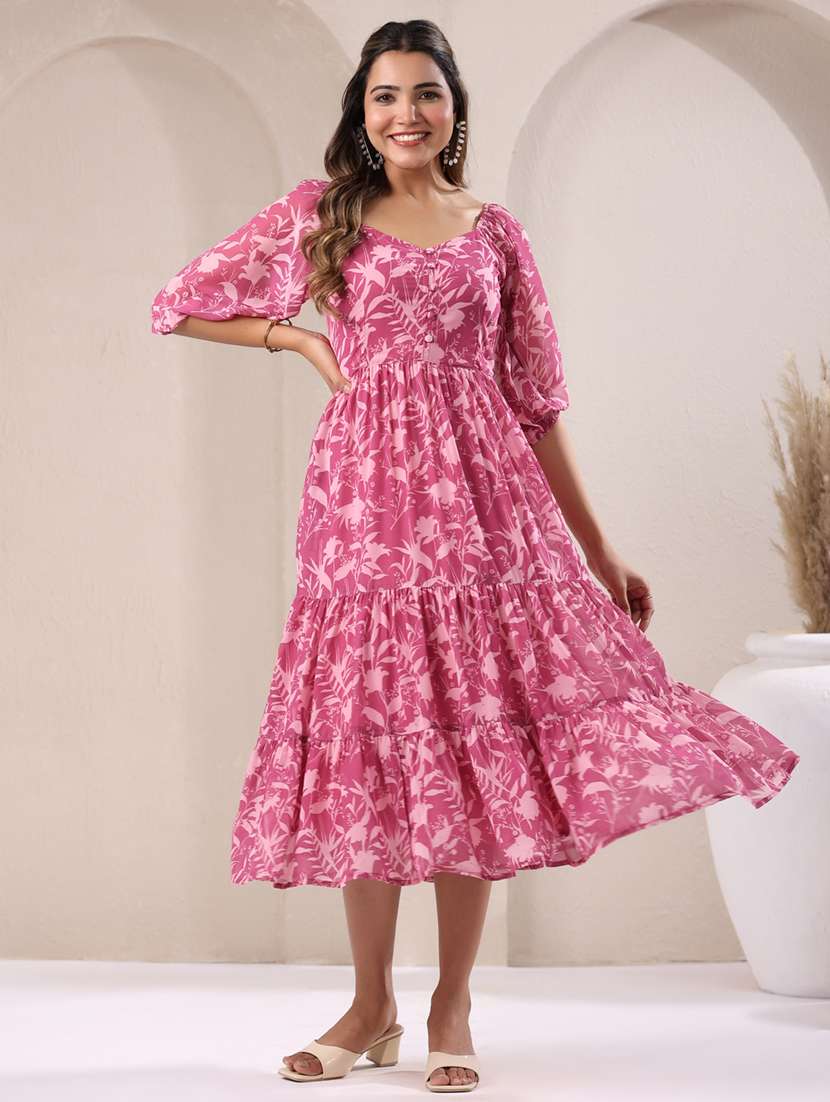 Women Floral Printed Puff Sleeves Tiered Dress 