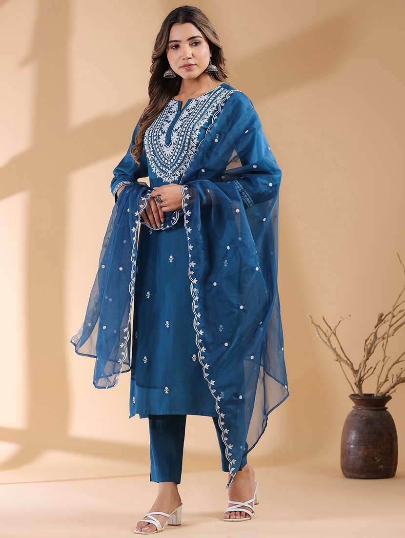 women three quarter sleeve kurta pant with dupatta set