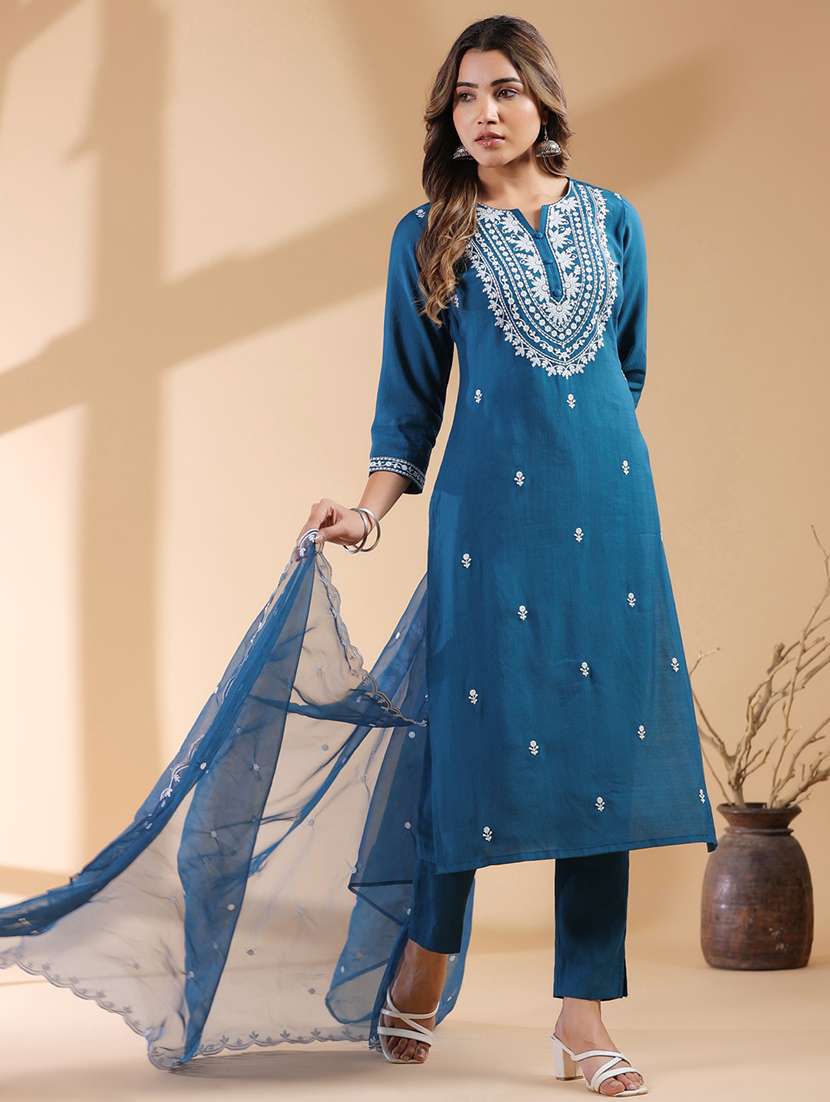 women three quarter sleeve kurta pant with dupatta set - 21914223 - Standard Image - 1