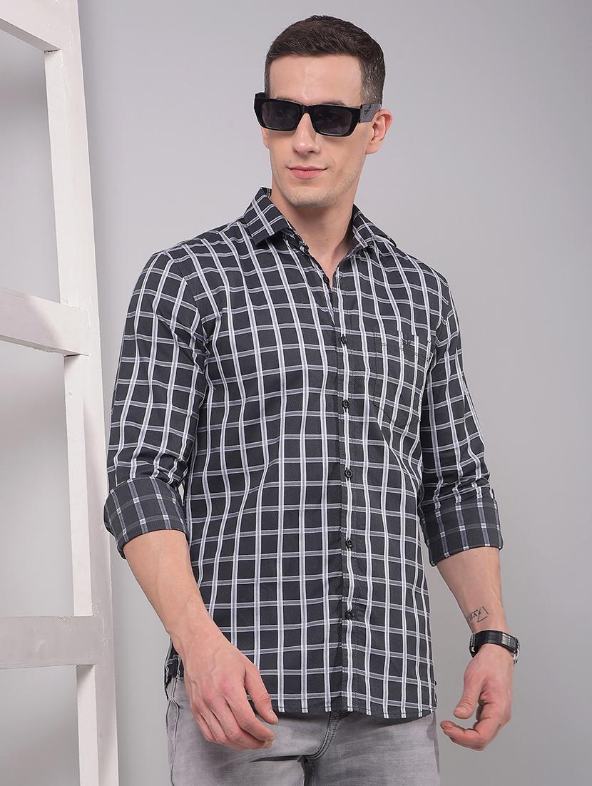 men checkered long sleeve slim fit casual shirt