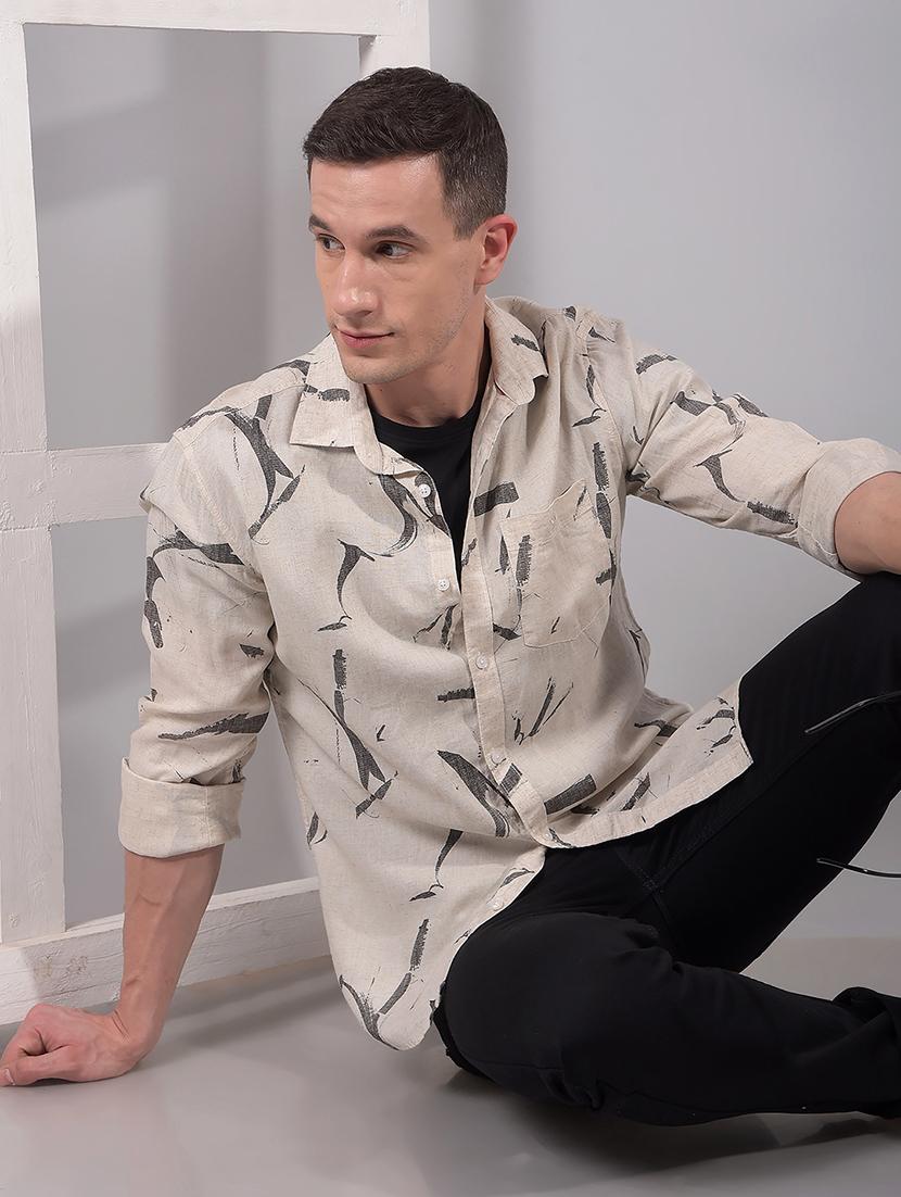 men printed long sleeve slim fit casual shirt
