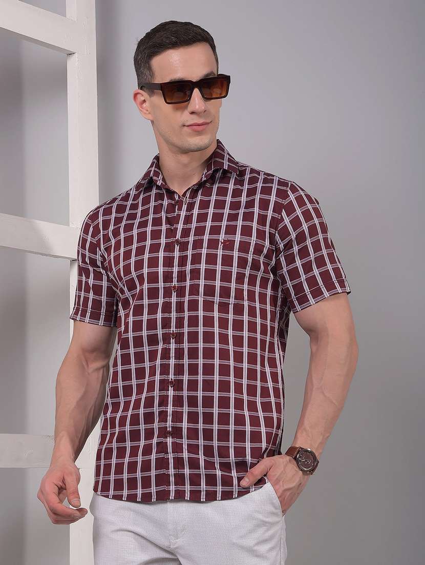 men checkered short sleeve slim fit casual shirt