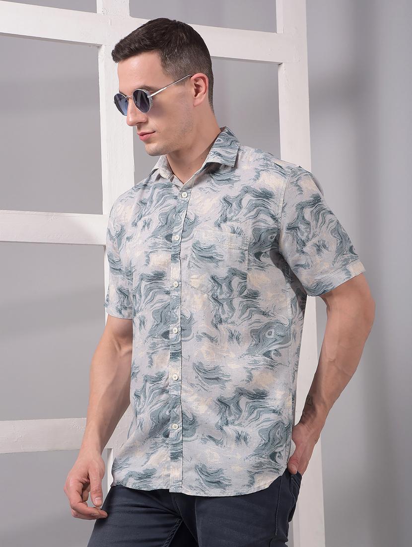 men printed short sleeve slim fit casual shirt - 21914305 - Zoom Image - 0