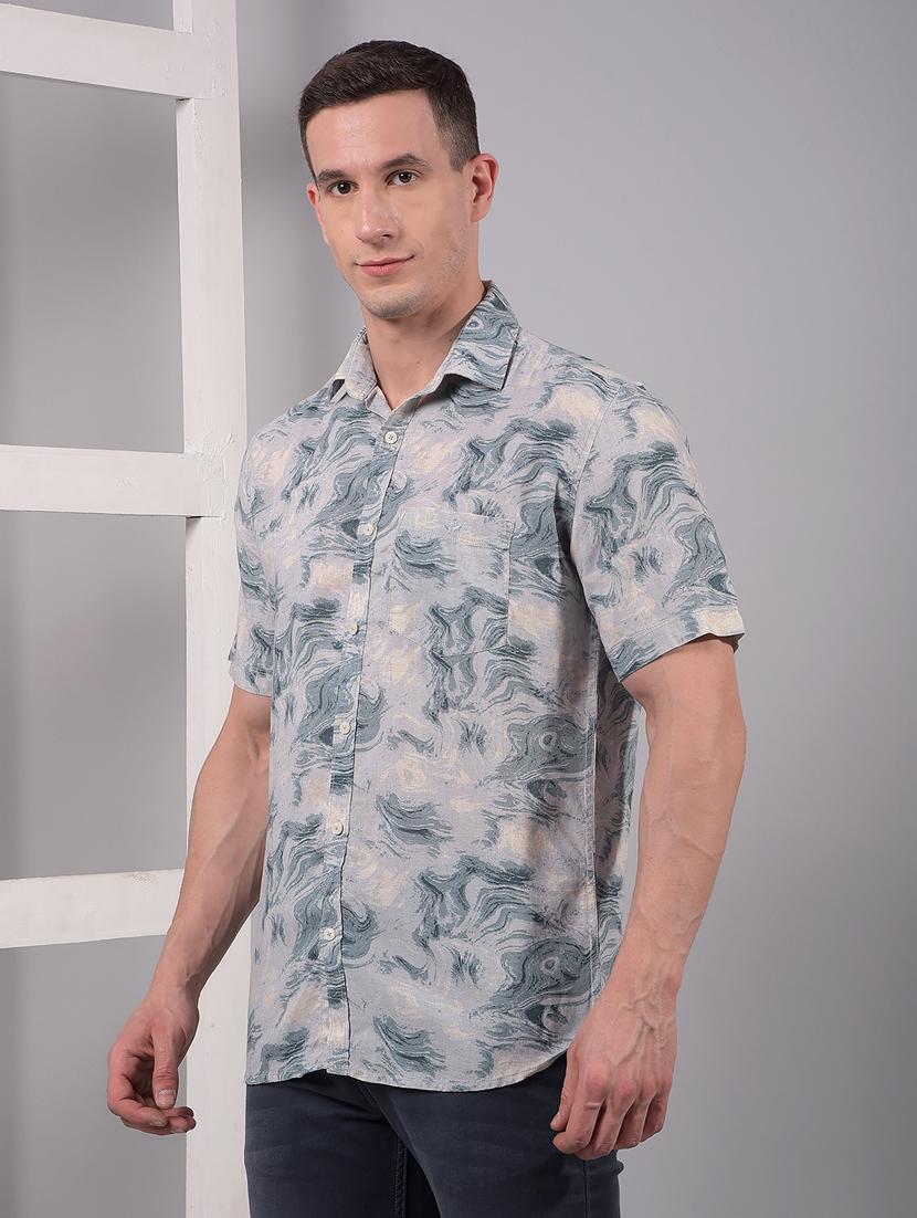 men printed short sleeve slim fit casual shirt - 21914305 - Standard Image - 1
