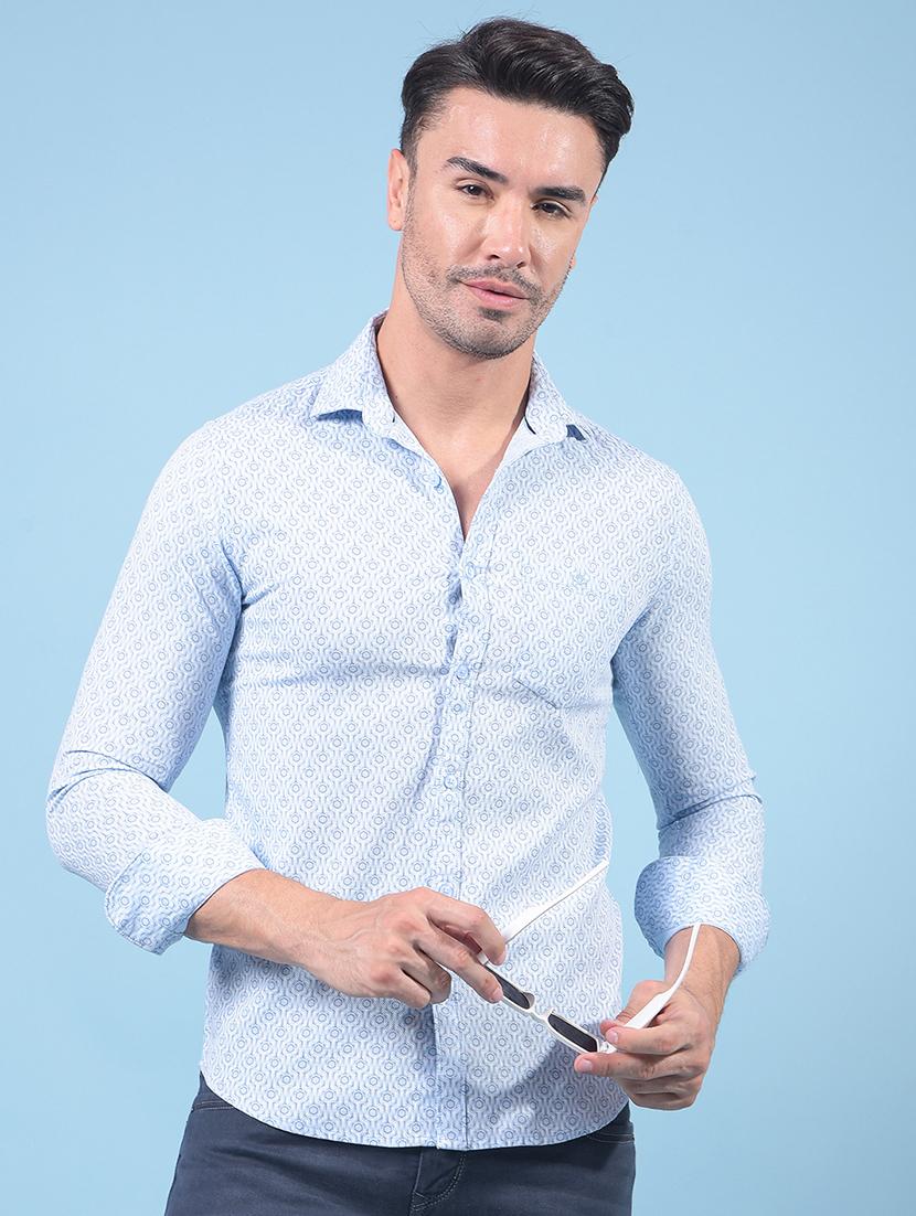 men printed long sleeve slim fit casual shirt