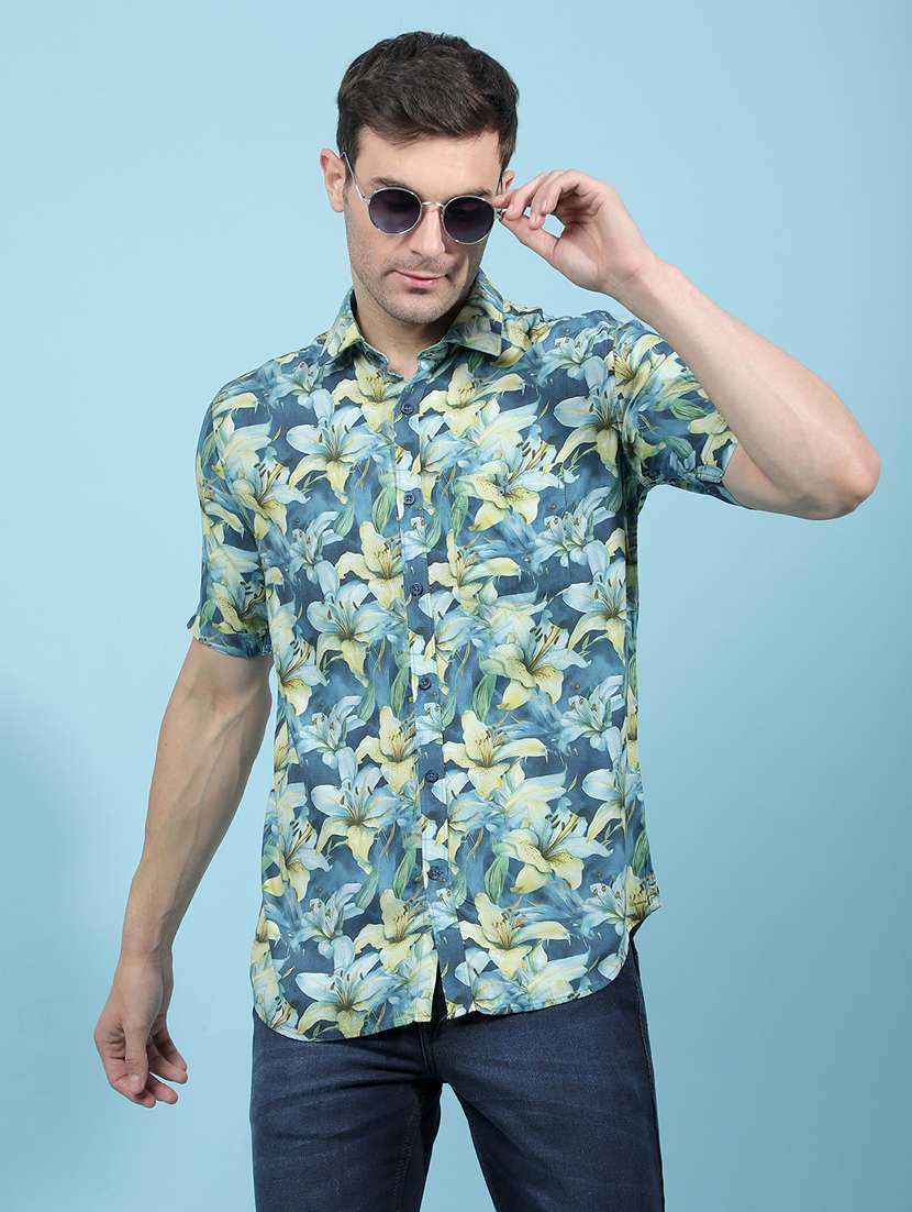 men printed short sleeve slim fit casual shirt