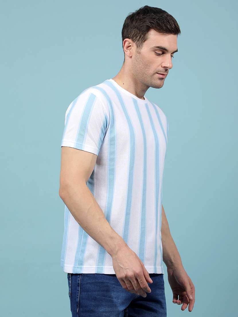men light blue striped round neck slim fit t-shirt - 21914448 -  Standard Image - 1