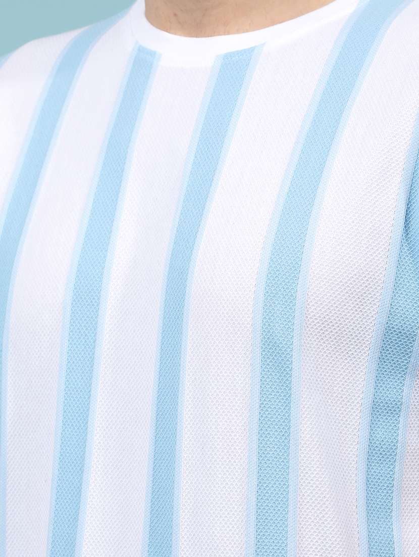 men light blue striped round neck slim fit t-shirt - 21914448 -  Standard Image - 4