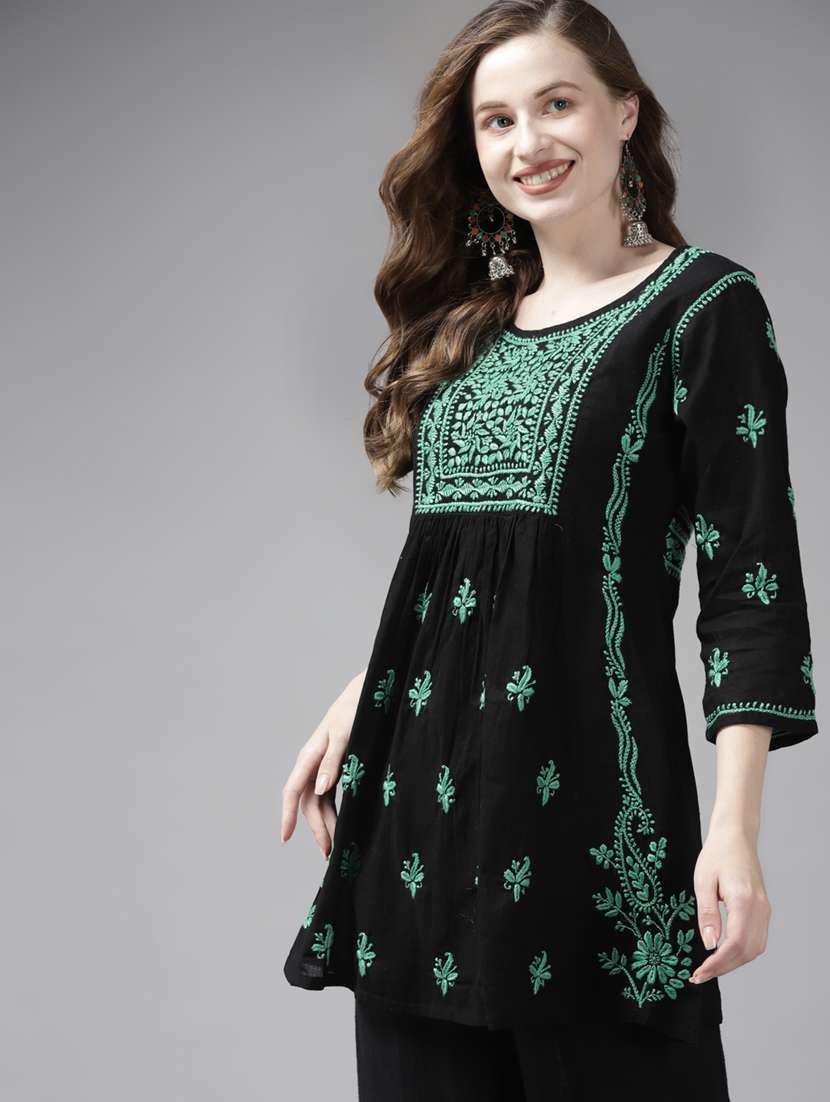 women three quarter sleeve chikankari a-line kurti - 21914482 -  Standard Image - 1