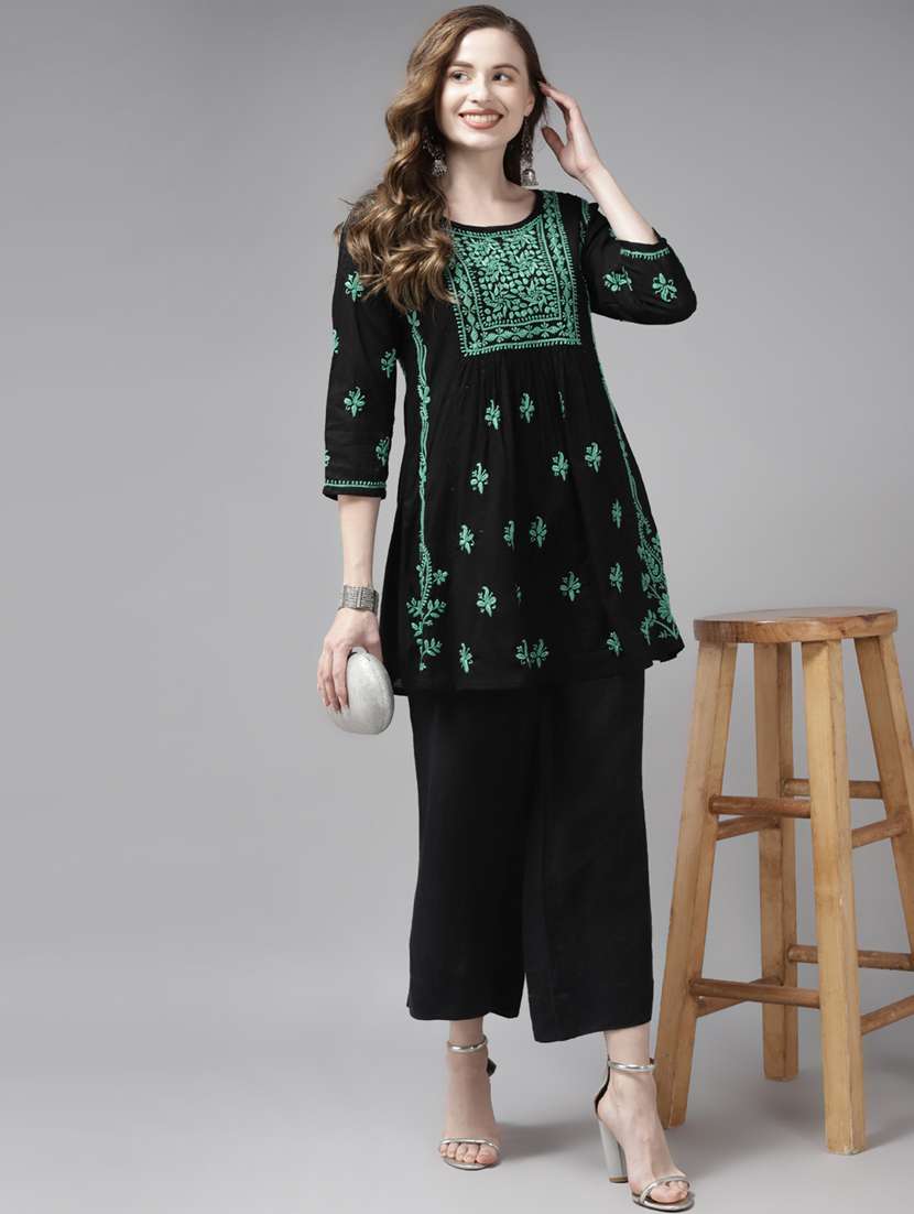women three quarter sleeve chikankari a-line kurti - 21914482 -  Standard Image - 4